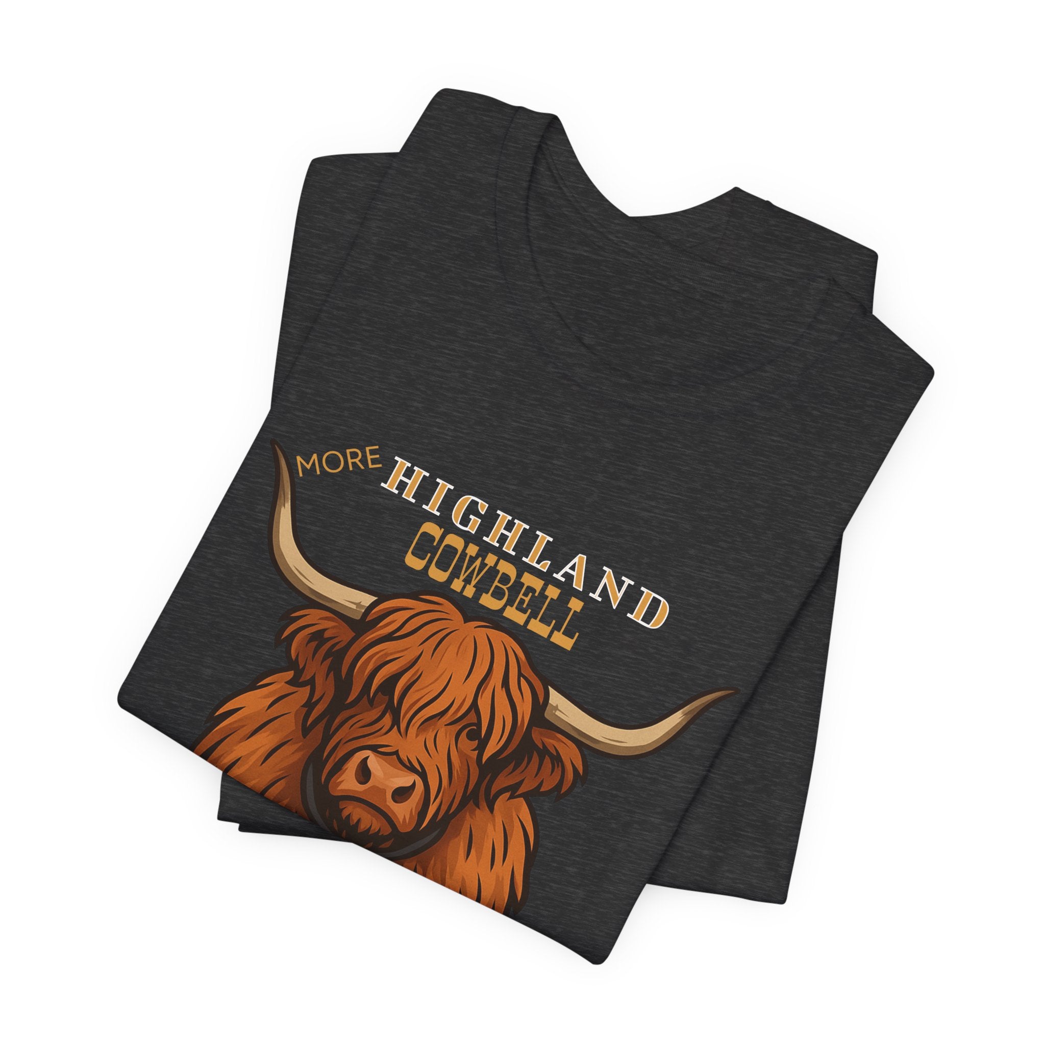 Highland Cow T-Shirt with Cowbell, Play on Christopher Walken More Cowbell,  Rustic Scottish Cattle Vector Tee