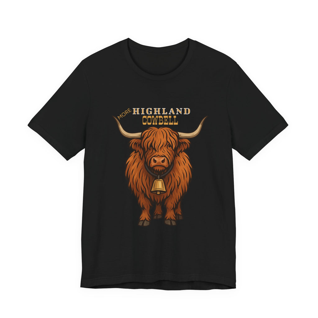 Highland Cow T-Shirt with Cowbell, Play on Christopher Walken More Cowbell,  Rustic Scottish Cattle Vector Tee