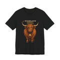 Highland Cow T-Shirt with Cowbell, Play on Christopher Walken More Cowbell,  Rustic Scottish Cattle Vector Tee